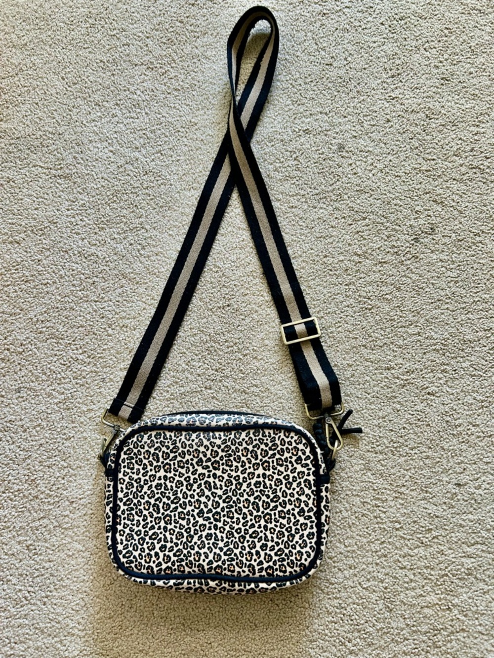 Anthropologie Leopard Print Crossbody Bag with Black & Cream Stripe Strap